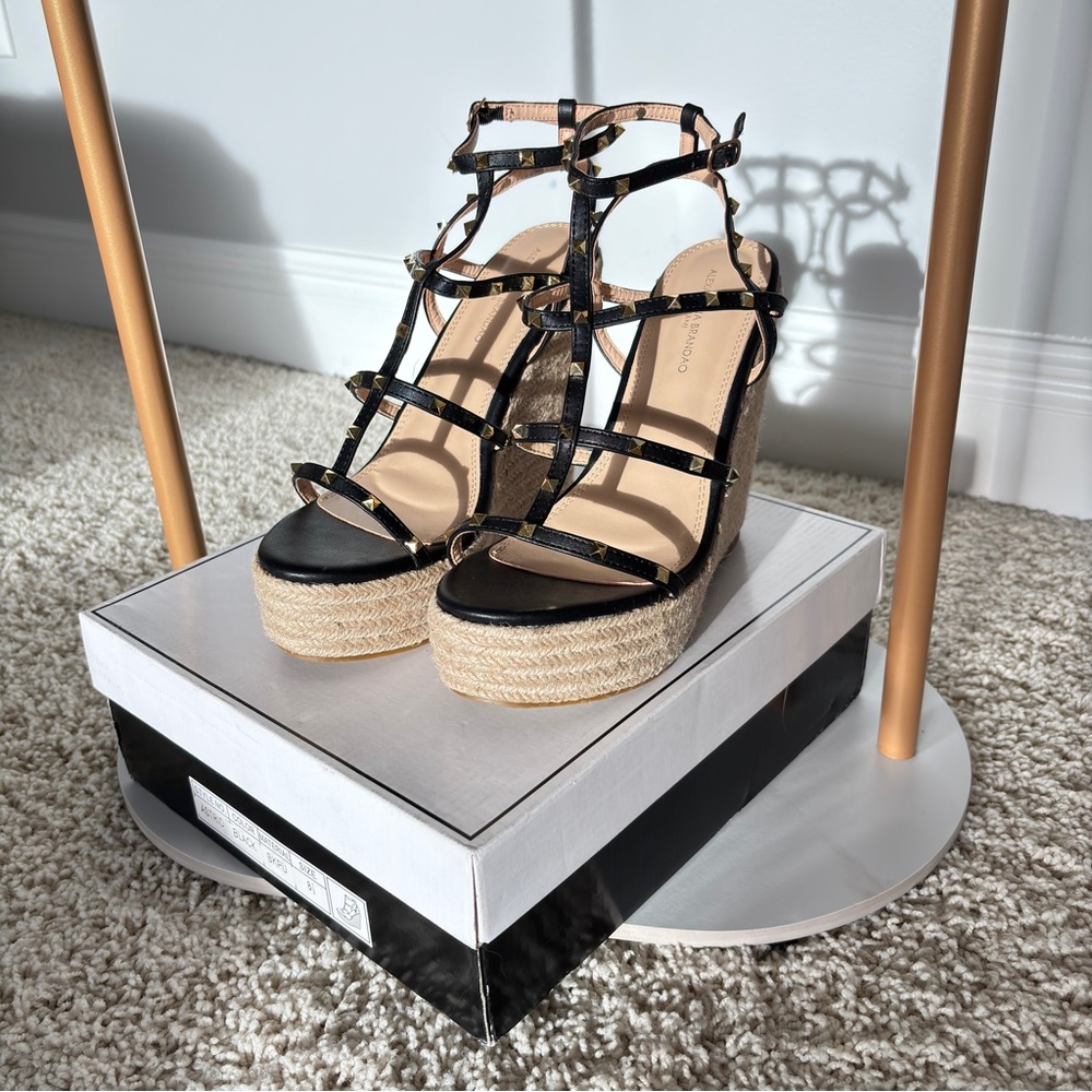 NEW in box Black & Tan Studded Espadrille Wedge Shoes with Platform Sole